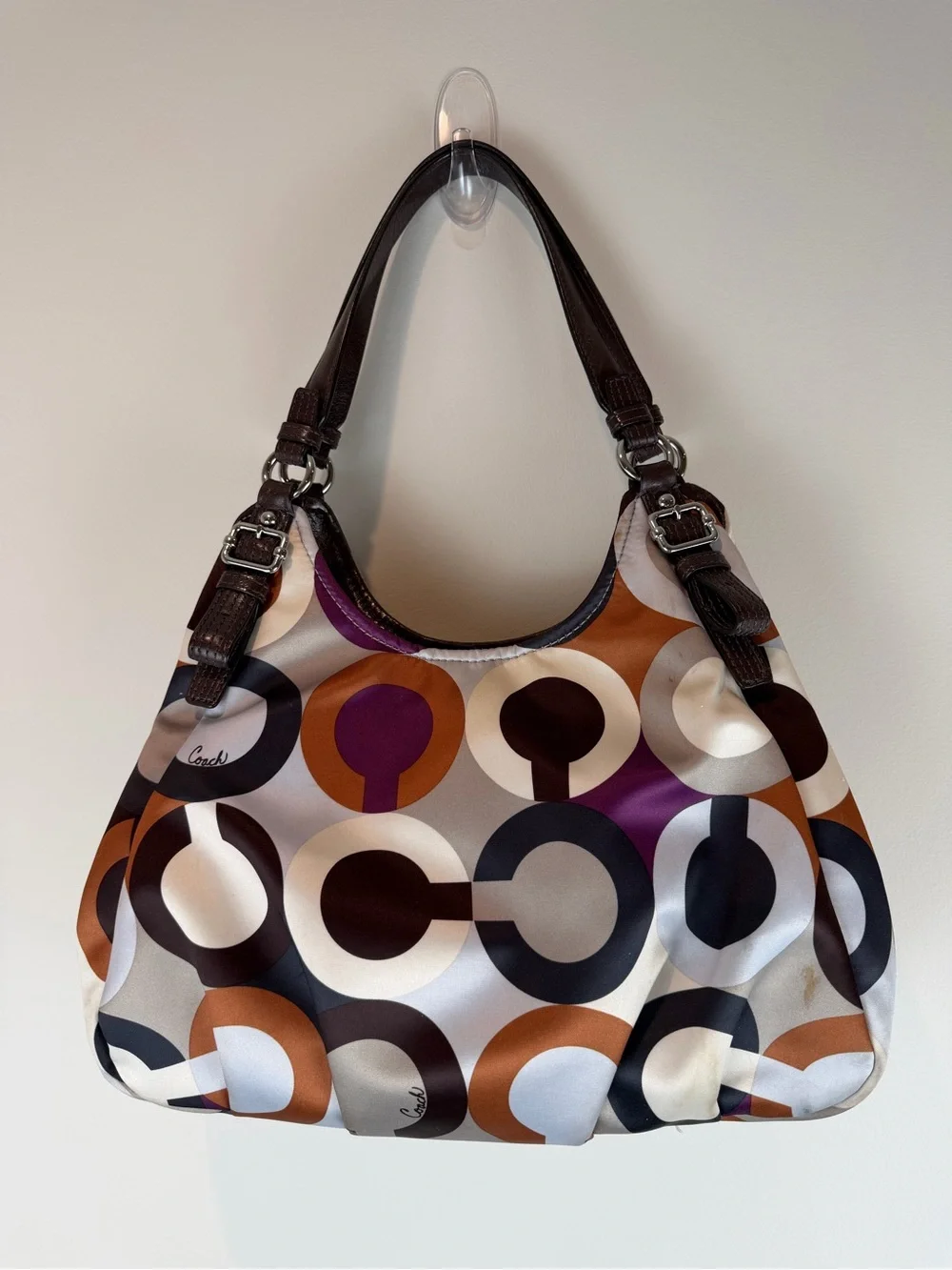 Coach Op Art Glam Satin Print Shoulder Bag in Brown, Purple & Cream